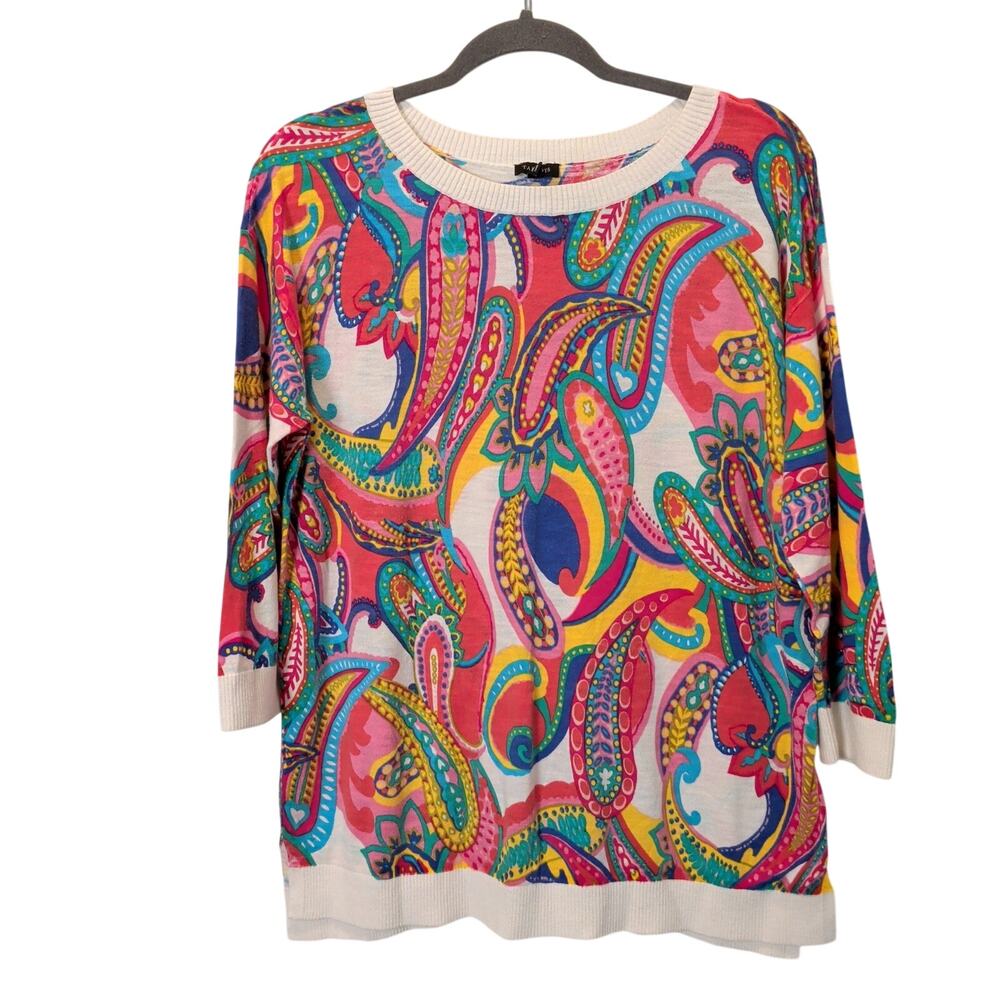 Talbots Women's Sz L Bright Multicolor Paisley Sweater 3/4 Sleeve Cotton